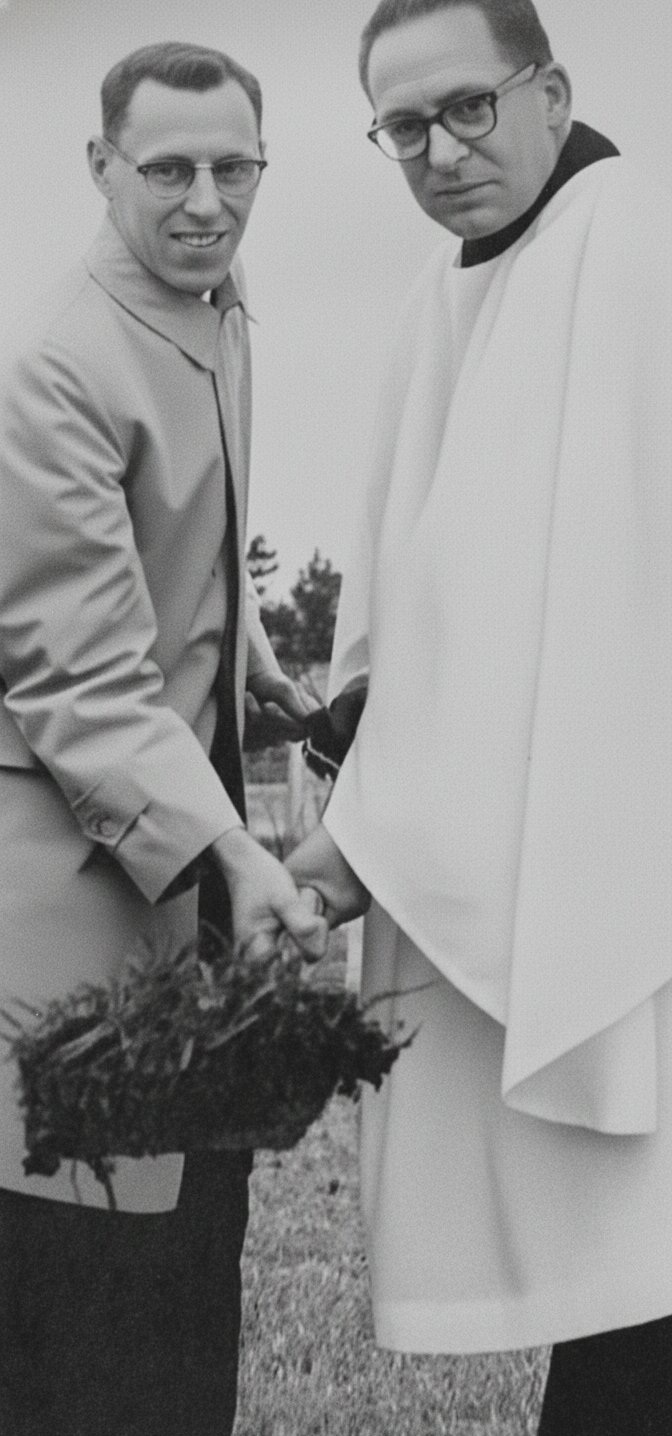 Rev. Clarence C. Eifert and J.R. Webb, Building Committee Chairman, participate in the official groundbreaking ceremony on December 8, 1963, marking the start of construction for the new Trinity Lutheran Church building. Photograph source: December 11, 1963 edition of the Richmond Review.