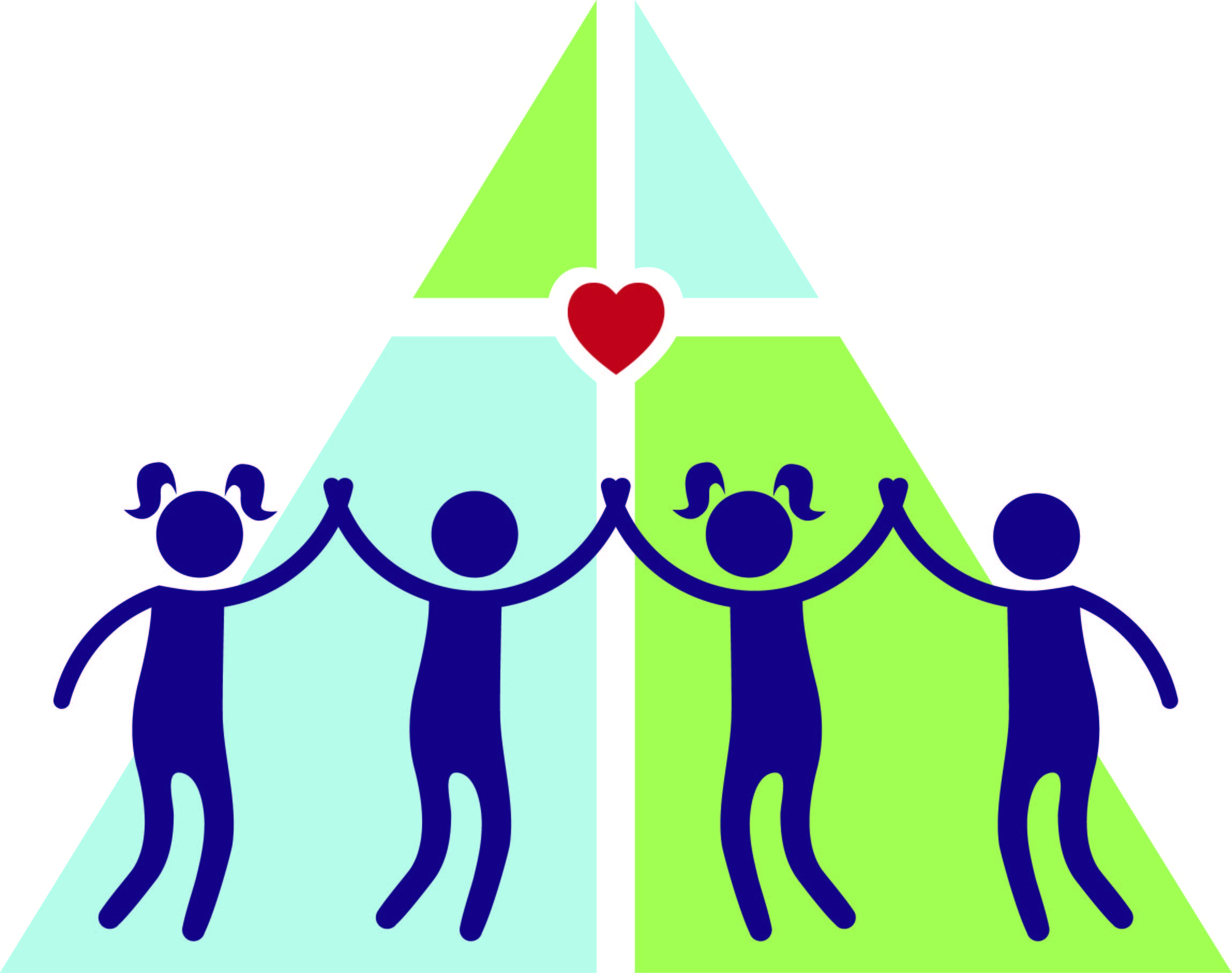 Logo for Trinity’s Little Children Centre featuring four purple silhouettes of children holding hands in front of a stylized A-frame structure. The A-frame is divided into light blue and green sections by a white cross with a small red heart at the centre.