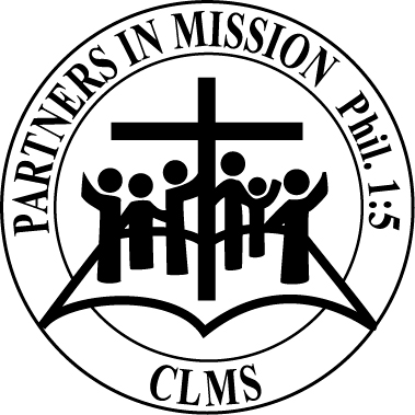 Logo for the Concordia Lutheran Mission Society (CLMS), featuring a circular black-and-white emblem. At the center, a group of stylized human figures stands before a large Christian cross that rises from an open Bible. The top border of the circle contains the text PARTNERS IN MISSION PHIL. 1:5, and the acronym CLMS is centered at the bottom
