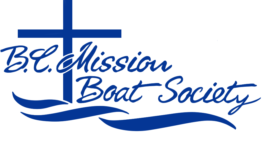 Logo for the B.C. Mission Boat Society, featuring a dark blue Christian cross over stylized blue waves, linking to their mission serving coastal communities.