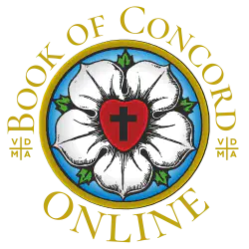 Logo for Book of Concord Online, featuring the Luther Rose—a white rose with a red heart and black cross at its center—set against a blue background within a gold circular border. The gold text Book of Concord Online encircles the emblem, with the Latin abbreviation VDMA (Verbum Domini Manet in Aeternum) appearing on either side.