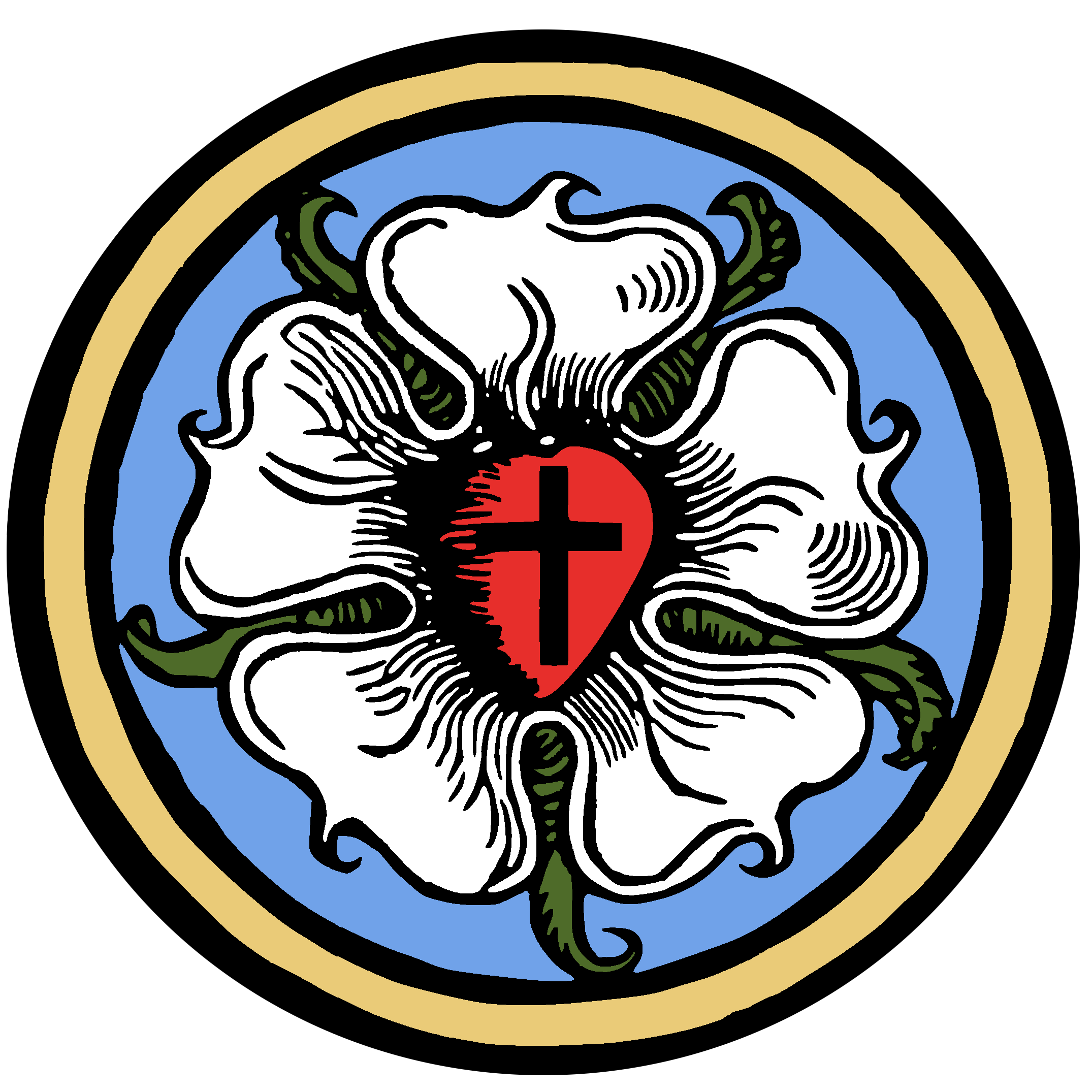 Logo for ChristForUs.org, featuring a vibrant, traditional rendering of the Luther Rose. A black cross is centered within a red heart, which rests upon a white rose. The emblem is set against a sky-blue background and framed by a circular gold and black border.