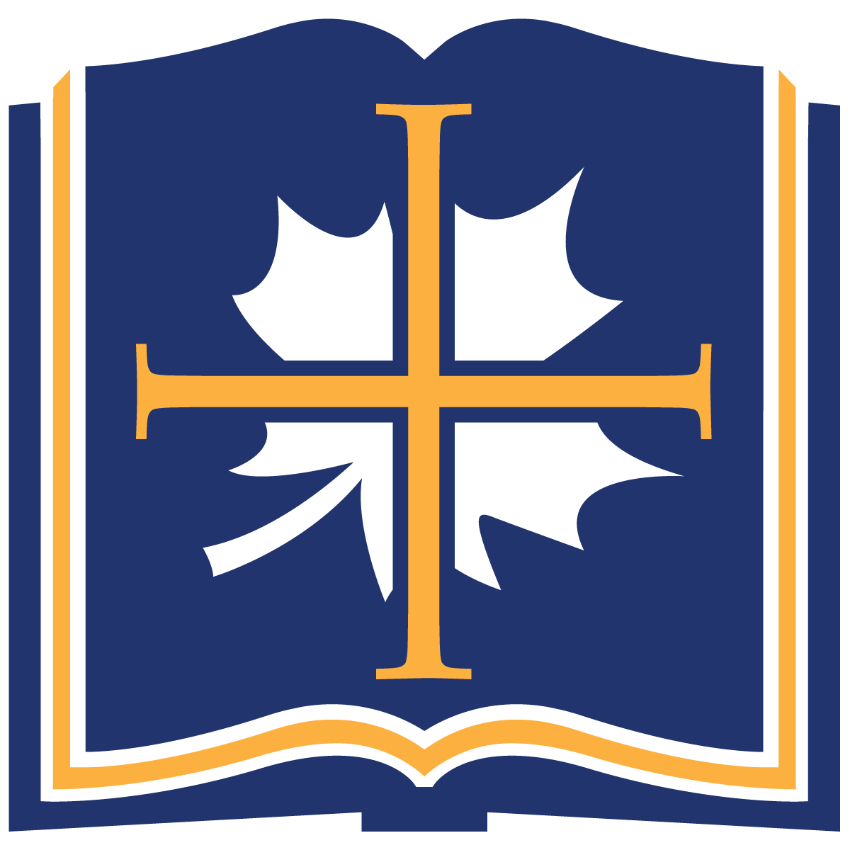 Logo for Concordia Lutheran Theological Seminary (CLTS), featuring a blue open book. At the center is a white maple leaf overlaid with a gold cross. The pages of the book are outlined with a gold and white border against the blue background.