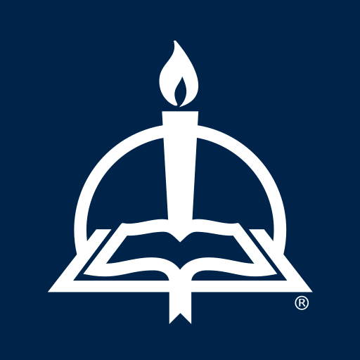 Logo for Concordia Publishing House (CPH) featuring a white minimalist emblem on a deep blue background. The design depicts a stylized open Bible at the base with a candle rising from the center, topped by a flickering flame. A circular arc frames the top of the candle, symbolizing light and knowledge.