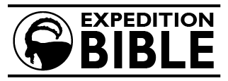 Logo for the Expedition Bible YouTube channel, featuring a black circular emblem containing the silhouette of a Nubian ibex with large, curved horns. To the right of the emblem, the words EXPEDITION BIBLE are written in bold, black capital letters, with the entire design framed by two thin horizontal black lines.