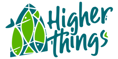 Logo for Higher Things, featuring a stylized stained-glass window design on the left containing several green fish (Ichthys) symbols set in teal leading. To the right, the words Higher things are written.