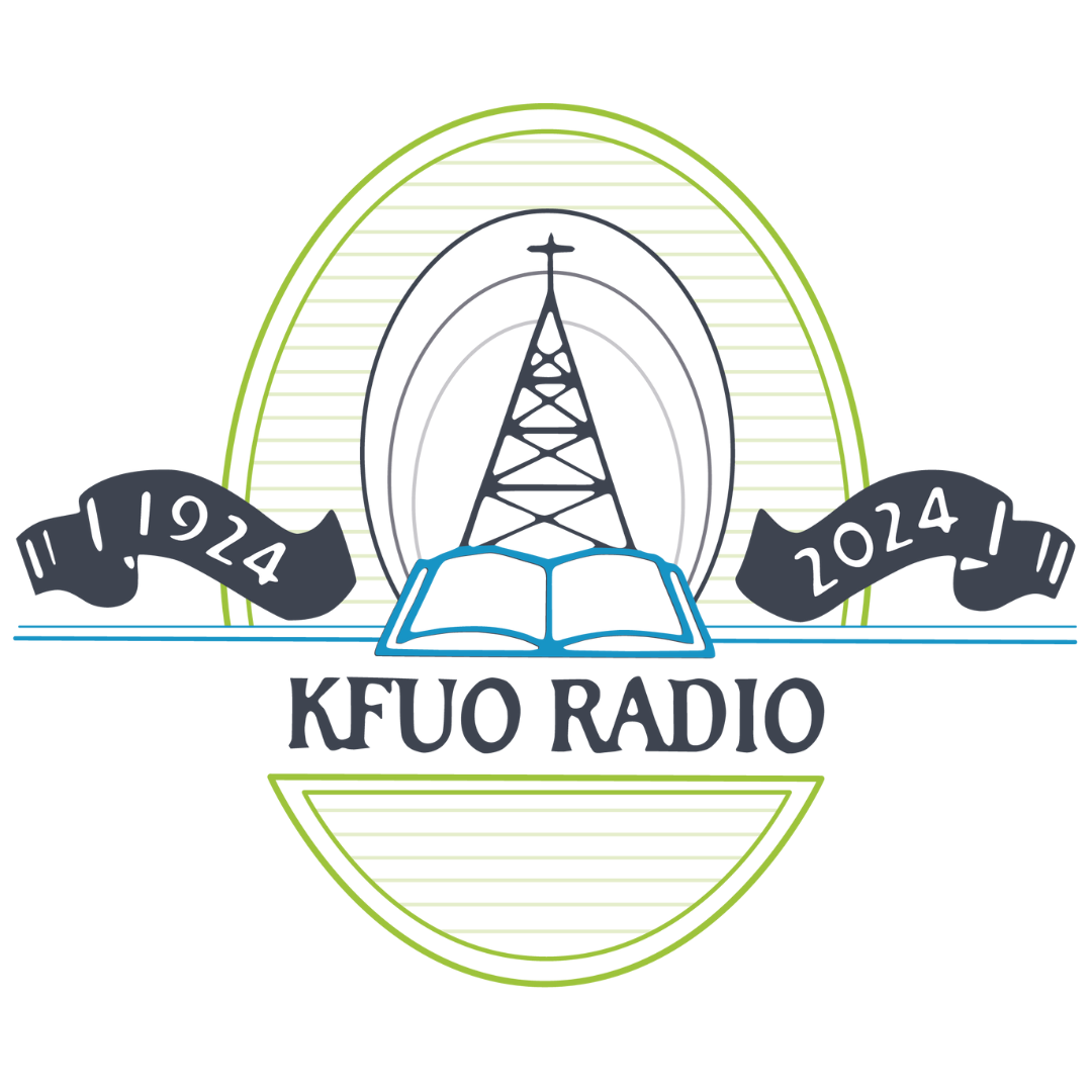 Logo for KFUO Radio, featuring a central illustration of a transmission tower rising from an open book. The tower is topped with a cross and radiates circular signal waves. Two dark banners on either side display the years 1924 and 2024, marking the station's centennial. The text KFUO RADIO is centered below the image, all contained within a light green circular border.