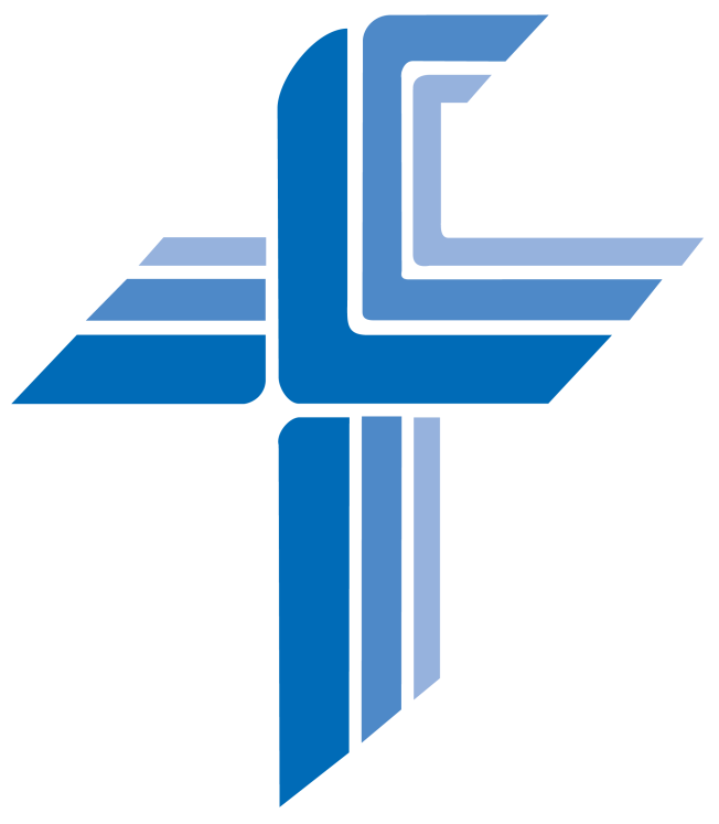 Logo for Lutheran Church–Canada, consisting of a stylized cross formed by interlocking blue geometric lines of varying shades. The design subtly incorporates the letters LCC within the arms of the cross.