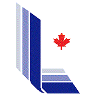 Logo for the Lutheran Laymen's League of Canada (LLL Canada), featuring a stylized capital letter L formed by three parallel, diagonal blue bars of varying shades. A small red maple leaf is positioned to the right of the vertical bars, centered within the angle of the L.