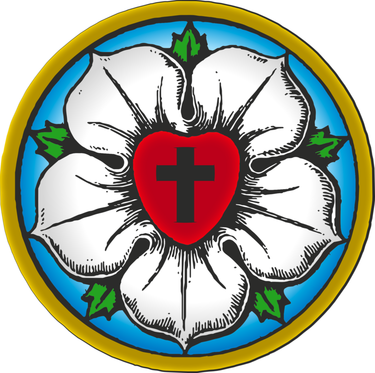 Logo for the Most Certainly Beane substack, featuring a vibrant, circular Luther Rose emblem on a solid black background. The design includes a black cross centered within a red heart, resting on a white rose with green leaves, all set against a sky-blue backdrop and framed by a thick gold border.